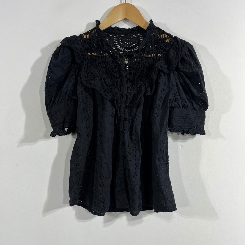 House Harlow Victorian Fairy Grunge Black Eyelet Cotton Blouse Lace Boho Small